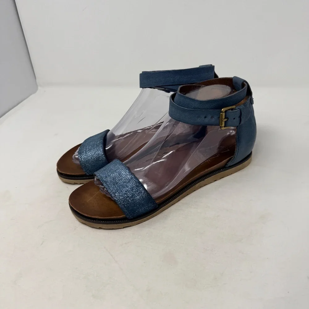 Miz Mooz Verona Collection Sandals Blue 9 Leather Ankle Strap Metallic Flat
